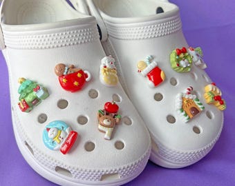 Shoe Charms Set | Cozy Christmas | Kawaii Glossy Gingerbread Star Snowman Sock Tree Santa | Holiday Gifts Stocking Stuffer