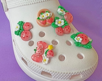 Shoe Charms Set | Strawberry Basket | Kawaii Fall Cozy Flower Bow Daisy Fruit | Gifts | Pastel Clear Jelly Transparent