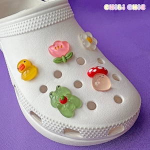 Shoe Charms Set | Froggy Cottagecore | Kawaii Frog Duck Mushroom Tulip Flower Chick | Clear Pastel Jelly
