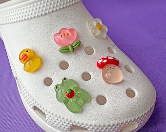 Shoe Charms Set | Froggy Cottagecore | Kawaii Frog Duck Mushroom Tulip Flower Chick | Clear Pastel Jelly