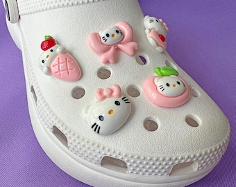 Shoe Charms Set | Lovely Kitty | Glossy Kawaii Friends Family Cute Cat Cartoon Character | Bow Peach Ice Cream | Gifts
