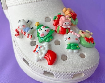 Shoe Charms Set | Kawaii Friends Christmas | Glossy Kitty Dog Bunny Bear | Holiday Gifts Stocking Stuffer