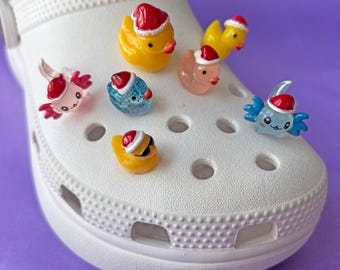 Shoe Charms Set | Christmas Hats | Kawaii Cute Axolotl Duck Santa Sunglasses Funny Animal | Stocking Stuffer Gift for Kids