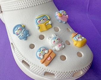 Croc Shoe Charm Set | Studious Penguin | Glossy Kawaii Spring Animal Bunny Book School Duck Bath | Gifts | Pastel Blue Purple Yellow White