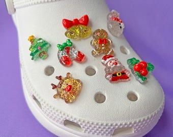 Shoe Charms Set | Christmas Glitter | Kawaii Clear Jelly Candy Cane Gingerbread Snowman Tree Santa | Holiday Gifts Stocking Stuffer