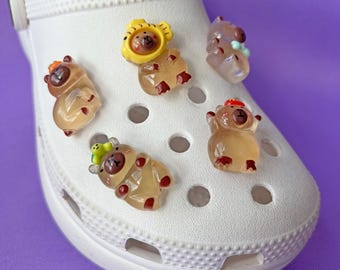 Shoe Charms Set | Fun Capybara | Kawaii Animal Fruits Bear Turtle McDo Taiyaki Orange Bow | Gift | Clear Jelly Transparent