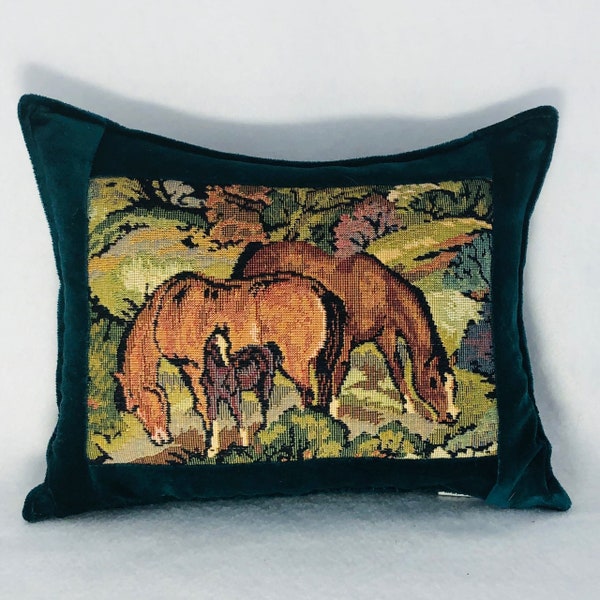 Equestrian Pillow, 7" X 9" Tapestry Horse Family, Western-Inspired Decor, Balsam Filled