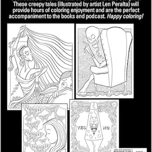 May include: A coloring book with four black and white illustrations. The illustrations include a woman with long hair, a skeleton sitting in a chair, a woman with butterflies around her head, and a lava lamp with a face.