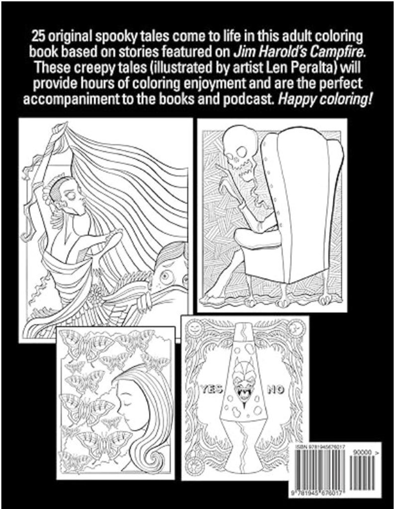 May include: A coloring book with four black and white illustrations. The illustrations include a woman with long hair, a skeleton sitting in a chair, a woman with butterflies around her head, and a lava lamp with a face.