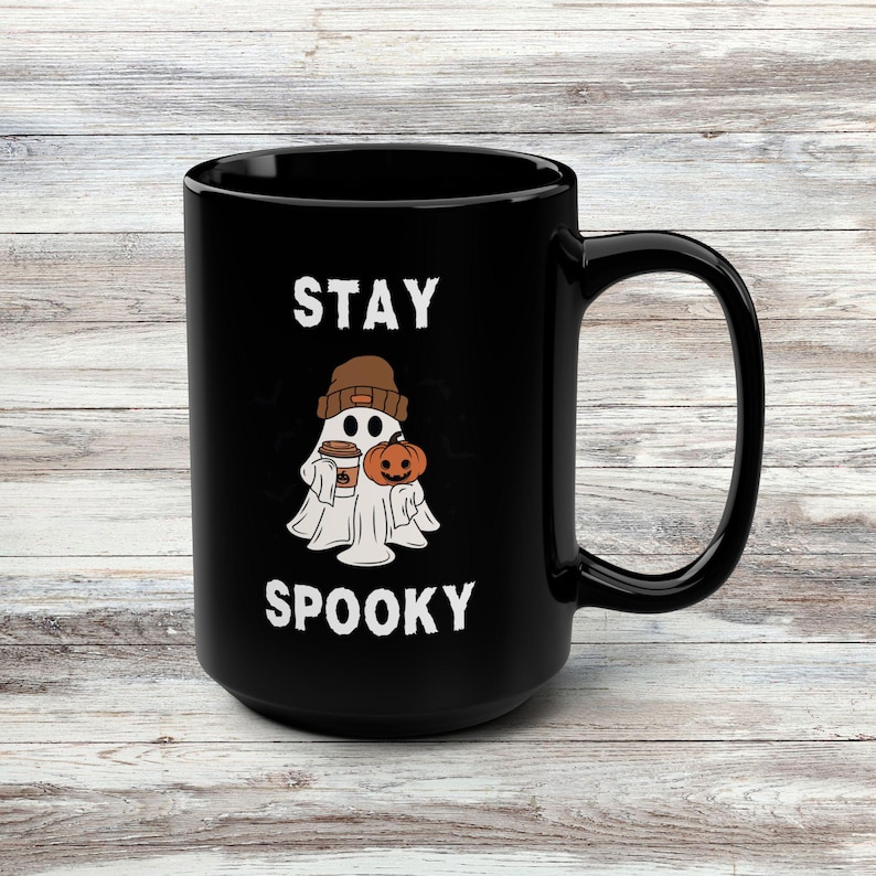 Stay Spooky™ Mug, Cute Ghost Coffee Mug, Ghost Holding Coffee Mug, Fall Mug, Halloween Mug, Jim Harold's Campfire imagem 1