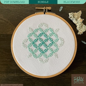 Geometric Bloom Blackwork Embroidery Chart, geometric blackwork cross stitch embroidery pattern PDF, beginner friendly by Lucky Otter Studio