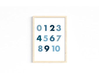 Numbers, Educational, Printable, Décor, Wall Art, Nursery, Minimalist, Hindu, Playroom, Baby Shower, Gift, Blue , Counting