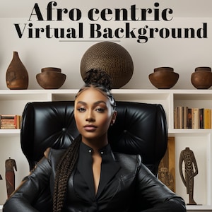 May include: A woman with long braids sits in a black leather office chair in front of a white bookshelf with African art and books. She is wearing a black leather jacket and has a serious expression on her face.