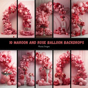 10 x Balloon Backdrop in Maroon and Rose. For Digital Photography, Birthday Backdrops, Bridal Shower, Party Backdrop, Digital Backdrops,