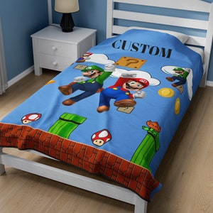 Mario Themed Personalized Bedding Custom Name Blanket, Mario Bros Gift For Kids, Great For Mario Bros Movie Fans, Custom Gift