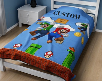 Mario Themed Personalized Bedding Custom Name Blanket, Mario Bros Gift For Kids, Great For Mario Bros Movie Fans, Custom Gift