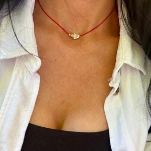 Red Cord Choker Necklace: 14k Gold Bead & Shell - Waterproof Summer Jewelry