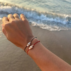 14k Gold Bead Red Cord Bracelet: Adjustable Shell Charm, Waterproof