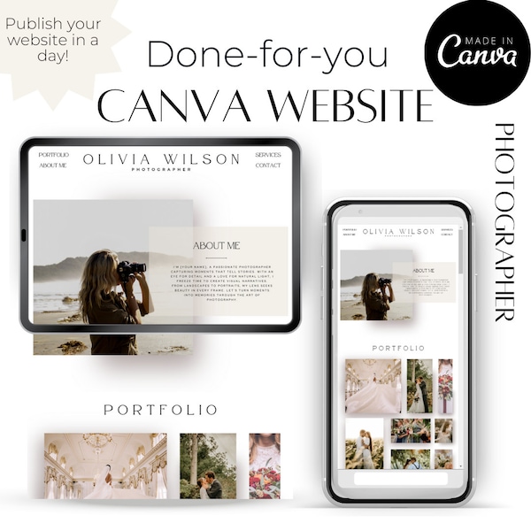 Photographer Canva Website Template, Done for you Content, Portfolio, Modern, Minimalist, Luxury, One Page Website, Canva Landing Page