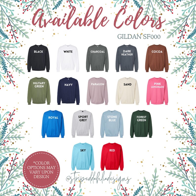 Puede incluir: Un gr&aacute;fico que muestra los colores disponibles para las sudaderas Gildan SF000. Los colores incluyen negro, blanco, carb&oacute;n, gris oscuro, cacao, verde militar, azul marino,  paragon, arena, limonada rosa, azul real, gris deportivo, azul piedra, verde bosque, azul cielo y rojo.
