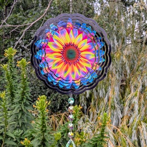 Rainbow Sunflower Wind Spinner – 8&quot; Colorful Garden Decor with Crystal Drop | Vibrant Yard Art | Haele’s Handmade