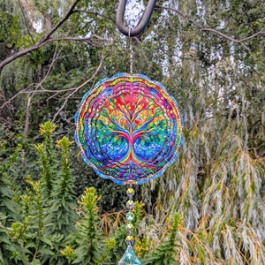 Rainbow Tree of Life Wind Spinner – 8” Vibrant Garden Decor with Crystal Drop | Haele’s Handmade