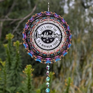 Funny Quote Wind Spinner – 8” “Let’s Keep the Dumbfuckery to a Minimum” Spinner with Crystal Drop | Haele’s Handmade