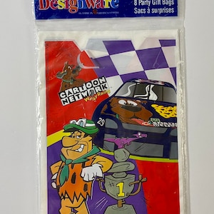 May include: A set of 8 party gift bags featuring characters from Cartoon Network's Wacky Racing. The bags are purple, white, and red with images of Fred Flintstone, Scooby Doo, and a race car.
