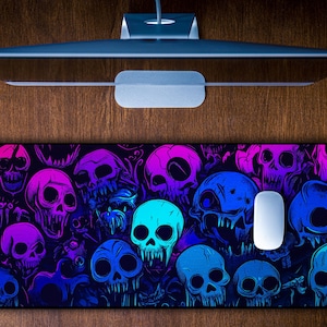 Neon Skull Desk Mat – XXL Gaming Mouse Pad, Cyberpunk Desk Setup, Large Keyboard Mat, Cool Gamer Gift, Aesthetic Office Decor