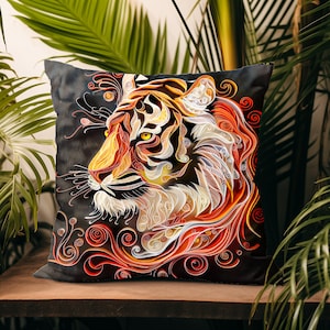 Oreiller d&#39;artiste tigre, coussin amoureux des félins chat sauvage, oreillers animaux orange noir, coussin bohème, déco nature, décoration bohème animal, tigre
