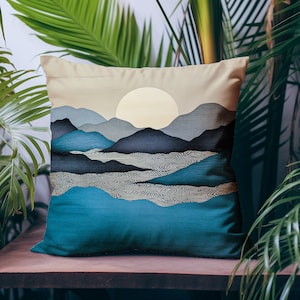 Artistic Nature Pillow, Abstract Sunrise Pillow, Green Golden Mountain Boho Nature Cushion, 4 Sizes Pillow, Modern Farmhouse Decor, Painting