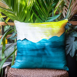 Artistic Nature Pillow, Abstract Landscape Pillow, Blue Yellow Boho Leaf Nature Cushion, 4 Sizes Pillow, Modern Farmhouse Decor, Painting