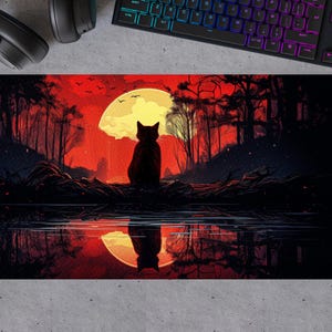 Dramatic Cat Desk Mat, Sunset Witch Desk Mat Gaming Mouse Pad Large Mousepad, playmat, Keyboard Mouse Mat Desk Pad for Work Game Office XL