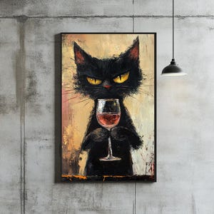 Cat Drinking Wine Pet Abstract Modern Painting Wall Art, Framed Canvas Poster Print, Home Kitchen Office Room Decor, Gifts
