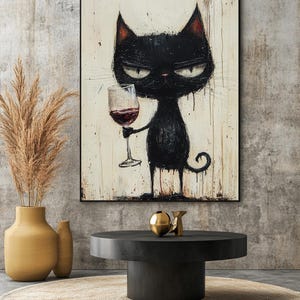 Funny Cat with Wine Canvas Wall Art Cat and Wine Lover Gift Humorous Home Décor for Kitchen, Bar, or Living Room – Cat Art Print