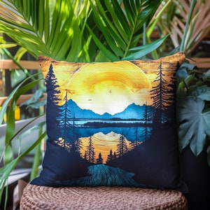 Artistic Nature Pillow, Abstract Mountain Trees Pillow, Yellow Boho Trees Nature Cushion, 4 Sizes Pillow, Modern Farmhouse Decor, Painting