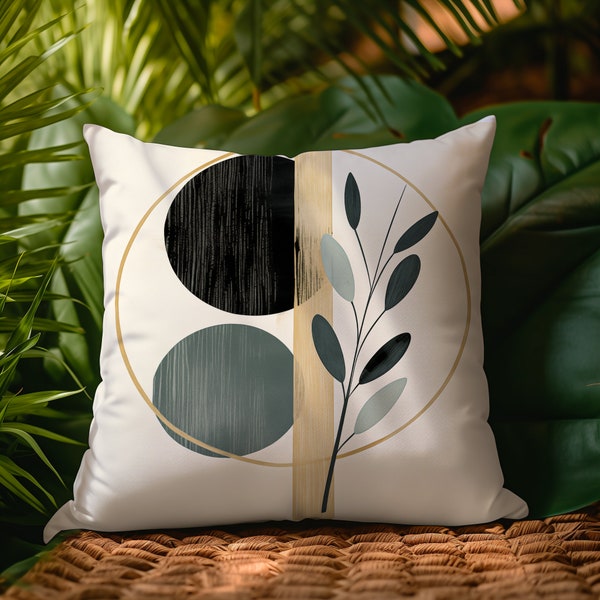 Boho Abstract Pillow, Leaf Nature Minimalistic Pillow, Floral Black Gold Cushion, Artistic Custom Pillow, Home Decoration Pillow