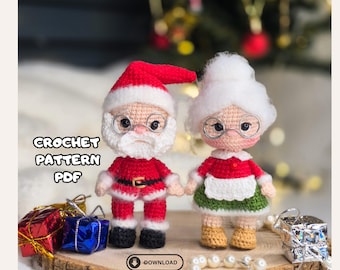 Patrón PDF para amigurumi navideño: Muñecos de ganchillo de Papá Noel y Mamá Noel. Ideal para decoración navideña y para principiantes.