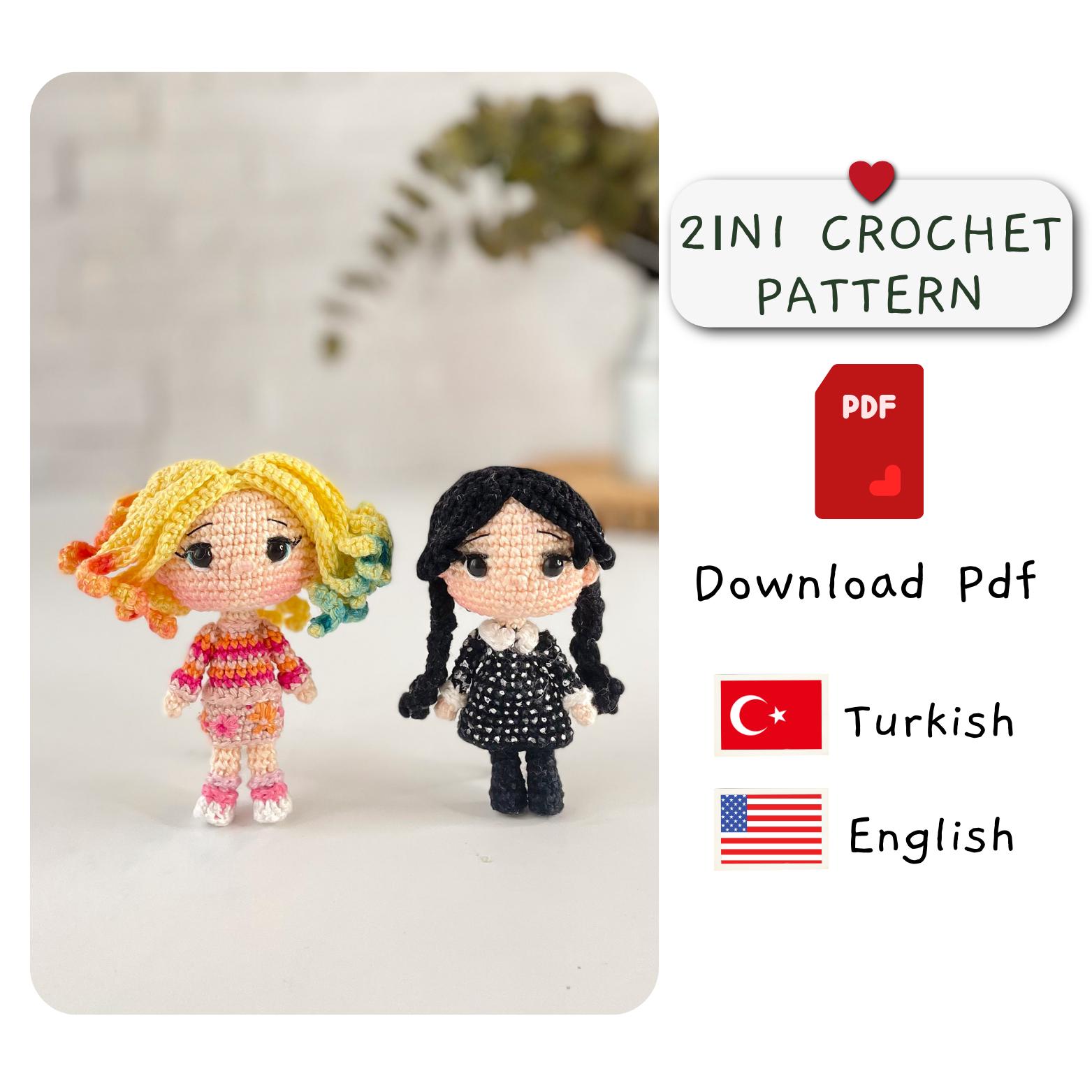 30 Wednesday Crochet Patterns for Dolls, Accessories, and Gothic Gifts 9 Wednesday and Enid Amigurumi Keychain Pattern
