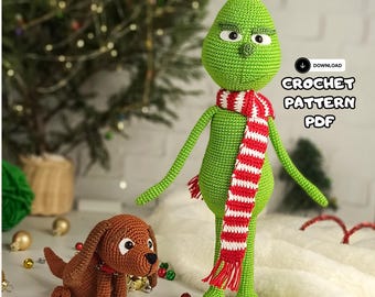 Szydełkowy Amigurumi Świąteczny złodziej,Szydełkowy zielony złoczyńca, Amigurumi Boże Narodzenie, Szydełkowe Boże Narodzenie,Wzór świąteczny, Zielony śnieżny stwór