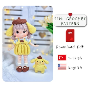 May include: A crochet pattern for a small girl doll and a puppy. The doll is wearing a yellow dress and a brown hat. The puppy is wearing a brown hat. The pattern is available in English and Turkish.