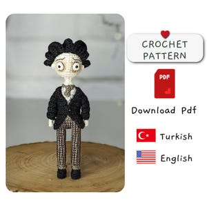May include: Crochet pattern for a small, amigurumi figure of a person wearing a black suit, white shirt, and brown pants. The pattern is available in English and Turkish. Download PDF.
