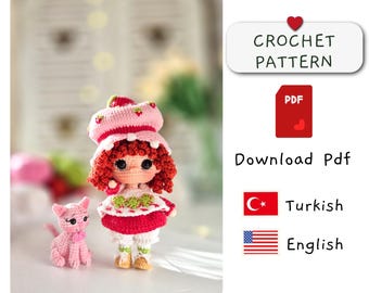 Patrón de crochet de niña fresa, muñeca fresa, patrón de crochet de niña dulce, patrón de gato, gato de crochet, gato amigurumi
