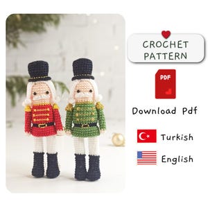 May include: Crochet pattern for a Nutcracker doll. The pattern is available in both English and Turkish. The pattern is available as a PDF download.
