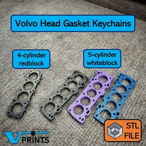 May include: A collection of Volvo head gasket keychains in various colors, including black, gray, purple, and blue. The keychains are labeled as 4-cylinder redblock and 5-cylinder whiteblock. The image also includes the text "Volvo Head Gasket Keychains" and "STL FILE".