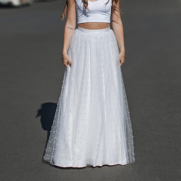 Long tulle skirt bridal skirt white wedding soft tulle decorated with pearls tailor-made eco-friendly