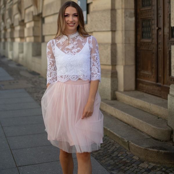 Tüllrock Damen Brautrock Brautjungfern Standesamt Hochzeit kurz midi maxi maßgeschneidert pastellrosa Trauzeugin nachhaltig