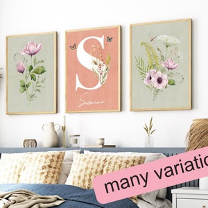 Set de 3 Pósters para Habitación Infantil I Set Flores Silvestres Personalizados con Nombre | Decoración de la habitación del bebé | Arte de pared regalo niño niña nacimiento bautismo bebé