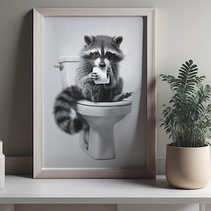 Raccoon on toilet | Poster or frame | funny bathroom pictures black and white toilet picture print wall decoration toilet paper decoration mural art