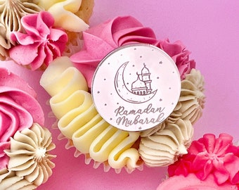 5 décorations de gâteau pour le Ramadan Moubarak | Charms pour gâteau du Ramadan | Décorations pour cupcakes gravées en acrylique doré, argenté et doré | Disques ronds pour décoration de gâteau